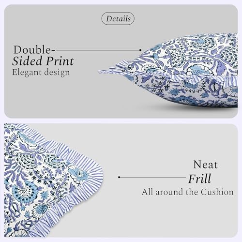 CPC Block Print Indigo Blue Ruffle Cotton Lumbar Pillow Cover 20x54 inch