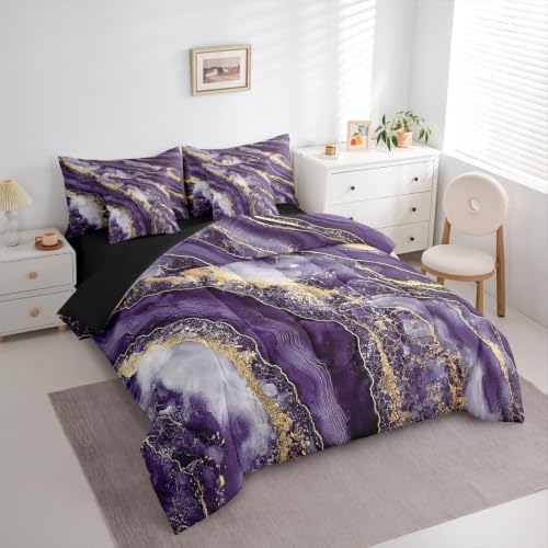 Erosebridal Watercolor Marble Print Comforter Set King Size,Purple Gradient Bedding Set for Kids Teens,Abstract Art (Comforter+Fitted+Flat Sheet+2 Pillowcases+2 Throw Pillow Covers) 7 Pieces Bed Set