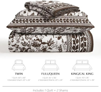 FLYMME Brown and White Vintage Floral Quilt Set Twin Size, 2-Piece Classic Reversible Bedspread Coverlet with 1 Pillow Sham, Lightweight Botanical Bedding Set for All Season