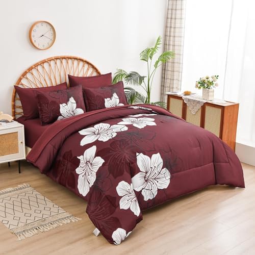 Luxudecor 7 Pieces Full Size Comforter Set, Burgundy Bed in a Bag Floral Comforter and Sheet Set, Soft Microfiber Complete Bedding Set for All Season 78"×90"