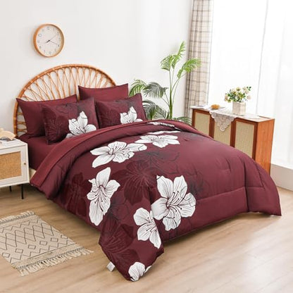 Luxudecor 7 Pieces Full Size Comforter Set, Burgundy Bed in a Bag Floral Comforter and Sheet Set, Soft Microfiber Complete Bedding Set for All Season 78"×90"