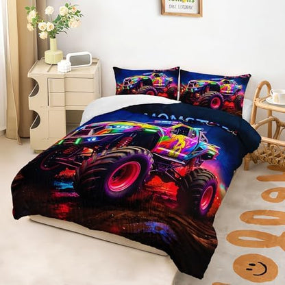 AILONEN Colorful Monster Truck Comforter Set Full Size, Cartoon Car Bedding Set for Kids,Teens,Adults,3D Print Giant Pickup Truck Comforter Set for All Season,3-Pieces,1 Quilt with 2 Pillowcases,Soft