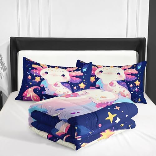 Nttopship Cartoon Axolotl Comforter Bedding Set with 2 Pillowcase King Size Pink Salamander Comforter Set for Kids Boys Girls Bedroom Decor