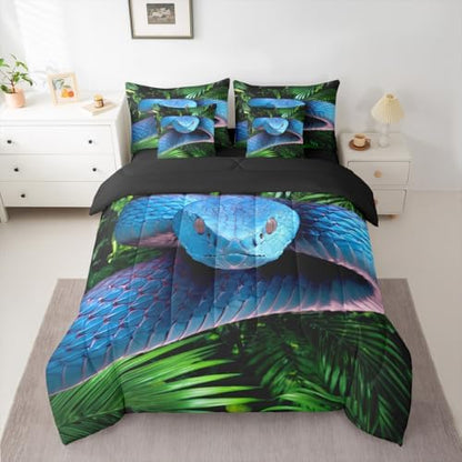Erosebridal Snake 7 Pcs Bedding Set Twin 3D Reptile Comforter Set with Sheets Blue Scales Bed in A Bag Palm Leaf Wild Animal Bedroom Decor