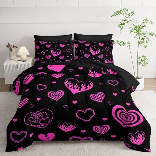 7Pcs Heart Comforter Set Pink Rose Printed Bedding Set with 1 Comforter, 1 Flat Sheet, 1 Fitted Sheet and 4 Pillowcases for Boys and Girls Bedroom All Season(Rose-2 King