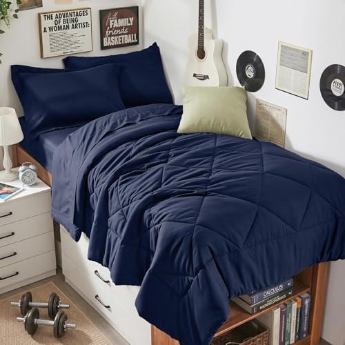 HEVUMYI 5-Piece Twin Comforter Set, Navy Bed in a Bag