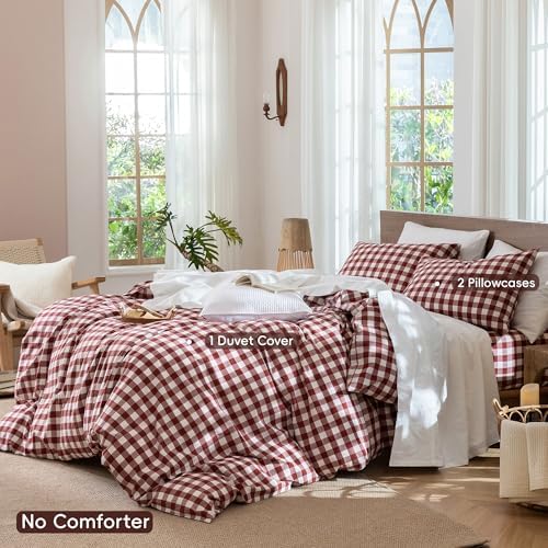 MooMee Gingham Duvet Cover Set 100% Washed Cotton Linen Like