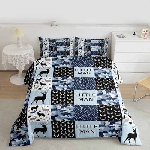 Manfei Camo Deer Antlers Comforter Set Twin,Geometric Checks Patchwork Bedding Set 2pcs for Kids Teens Boys Adults Room Decor,Boho Arrow Animals Quilt Set,Blue Xmas Duvet Insert with 1 Pillowcase