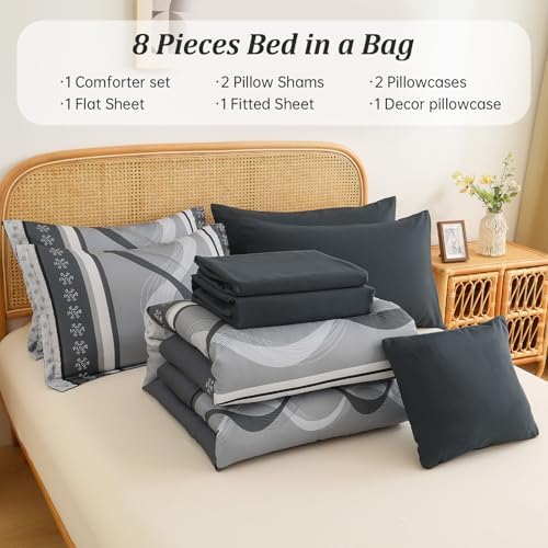 Anibedding Grey Comforter Set King Size,8 Pieces Striped Bed in a Bag
