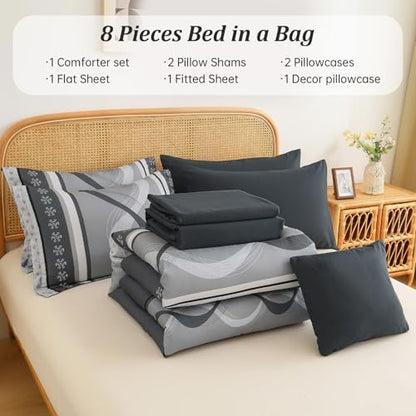 Anibedding Grey Comforter Set King Size,8 Pieces Striped Bed in a Bag