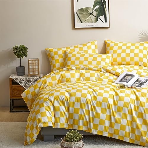 Houseri Plaid Comforter Set King 3 PCS White and Light Yellow Buffalo Checkered Bedding King Size Soft Comfy Women Men Luxury Bright Yellow Grid Checkerboard Gingham Bed Quilt Blanket
