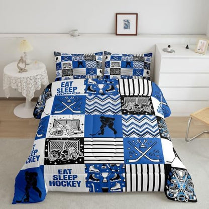 Hockey Sport Comforter Set Queen Size,Eat Sleep Hockey Player Silhouette Bed in a Bag 3Pcs for Kids Teens Woman Men Room Decor,Athletic Quilted Duvet Blue Black White Line Down Comforter,2 Pillowcases