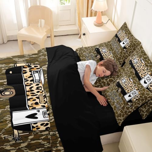Erosebridal Happy Camping 7 Piece Comforter Set King Army Green Camouflage Bedding Set for Boys Girls Leopard Print Camper Car Sheet Set with Comforter Military Camo Cheetah Pattern Wild Duvet Insert