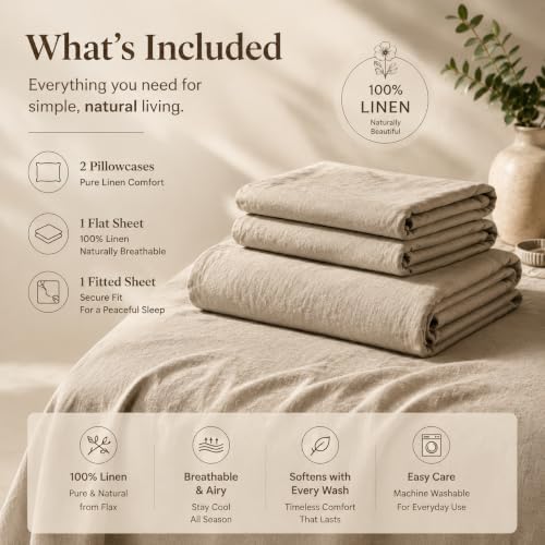 MEISHANG 100% French Linen Sheets Queen,4 Pcs,16" Deep Pocket