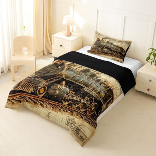 Erosebridal Vintage Steam Train Toddler Bedding Set Retro Train Comforter Set for Kids Boys Girls Transportation Vehicle Down Comforter Steampunk Industrial Aesthetic Quilt Duvet