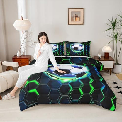 Manfei Football Girls Bedding Set Twin Size, Soccer Game Ball Sports Comforter Set，Geometric Honeycomb Hexagon Quilt Comforter for Boys Teens,Black Green Room Decor All Season,1 Pillowcase