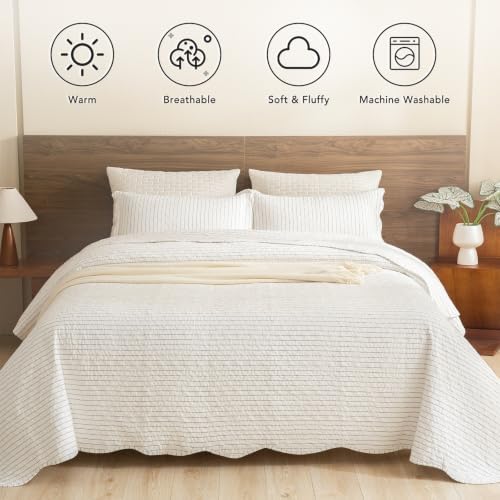 Lady Ann 100% Cotton King Quilt, Dark Grey White Classic Striped Pattern Quilted King Bedding Set, 3 Pcs Lightweight Coverlet Ultra Soft Bedspread Set for All Season