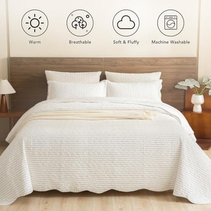 Lady Ann 100% Cotton King Quilt, Dark Grey White Classic Striped Pattern Quilted King Bedding Set, 3 Pcs Lightweight Coverlet Ultra Soft Bedspread Set for All Season