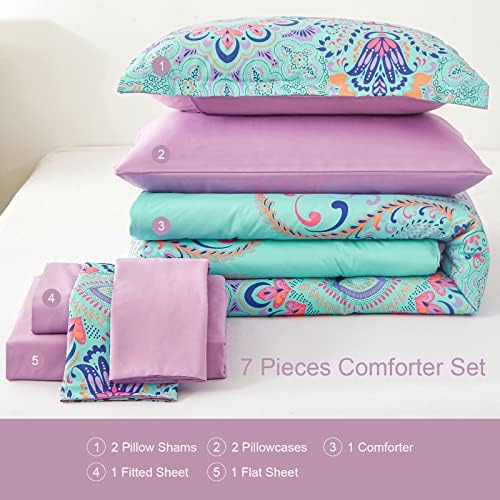 DHSFKBE Queen Comforter Set, 7 Piece Bed in a Bag, Boho Aqua and Lilac Damask Medallion Print Comforter with Sheets, Soft Microfiber Complete Bedding Set for All Season (Aqua, Queen)