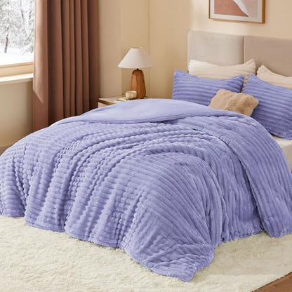 BEDELITE Fleece Queen Comforter Set, Fluffy Bed Set, Lavender