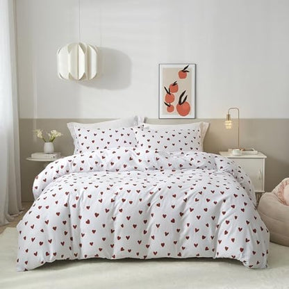 Mucalis Red Heart Duvet Cover King White Duvet Cover 100% Cotton Cute Love Heart 3 Piece Patterned Bedding Set with Zipper Closure Corner Ties,Durable,Soft,Breathable,Easy Care