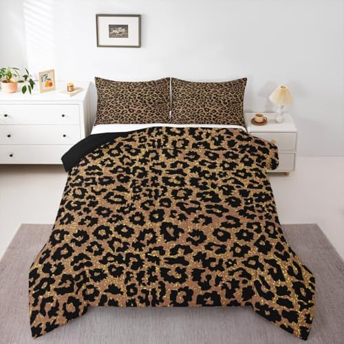 Black Leopard Kids Comforter Set King Size,Wild Animal Cheetah Skin Dots Bedding Set,Girls Boys Room Decor,Wildlife Golden Glitter Fashion Quilt Comforter,Brown Rustic Duvet Insert,2 Pillowcases