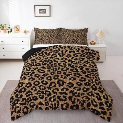 Black Leopard Kids Comforter Set King Size,Wild Animal Cheetah Skin Dots Bedding Set,Girls Boys Room Decor,Wildlife Golden Glitter Fashion Quilt Comforter,Brown Rustic Duvet Insert,2 Pillowcases