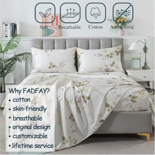 FADFAY Queen Sheets Set Percale Cotton Floral Bed Sheets Deep Pocket Fitted Sheet, Luxury Vintage Roses Floral Printed Shabby Bedding for All Season,Super Soft Crisp & Breathe,4pcs