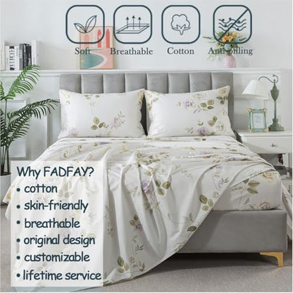 FADFAY Queen Sheets Set Percale Cotton Floral Bed Sheets Deep Pocket Fitted Sheet, Luxury Vintage Roses Floral Printed Shabby Bedding for All Season,Super Soft Crisp & Breathe,4pcs