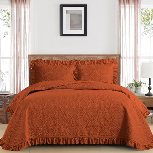 DJY King Quilt Set 3 Pieces, Lightweight Ruffled Bedspread, Burnt Orange