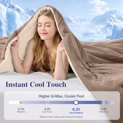MUXHOMO Cooling Comforter Set Queen Size, Lightweight Summer Comforter for Hot Sleeper, Reversible Bedding with ICY Cooling Surface, Includes 1 Comforter (90"x90") and 2 Shams (20"x 26"), Khaki