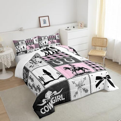 Western Cowgirl Kids Comforter Set King Size,Cactus Horseshoe Cowgirl Boot Rustic Bedding Set,Girls Women Room Decor,Bow Cow Skull Patchwork Down Comforter,Pink Fashion Duvet Insert,2 Pillowcases