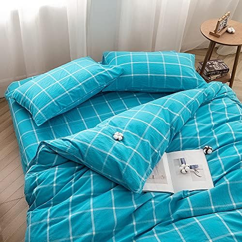 FACE TWO FACE Bedding Duvet Cover Set100% Washed Cotton Duvet Cover Linen Like Textured Breathable Durable Soft Comfy (King, Turquoise Grid)