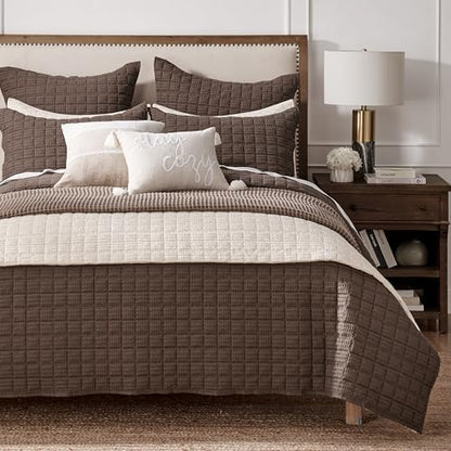 Levtex Home Cloud Waffle Full/Queen Quilt Set (88x92in) and 2 Pillow Shams (26x20in) - Box Quilted Waffle Texture - Cocoa - Cotton Full/Queen Size Quilt Bedding Set - Lightweight Soft Pre-Washed