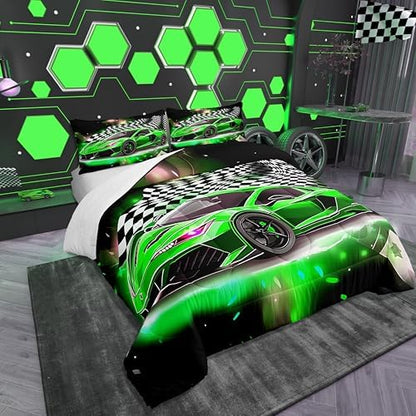 Feelyou Race Car Bedding Set, Toddler Size, Boys Extreme Sports Comforter Set for Kids, Green Cool Car Quilt Set,1 Comforter with 1 Pillowcase