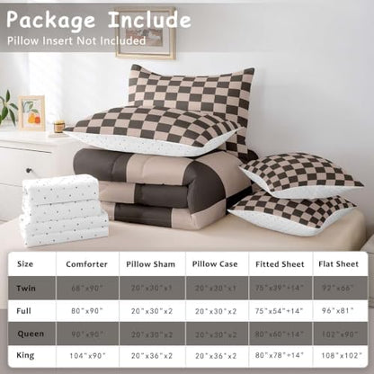 Feelyou Checkered Retro 7 Piece Bedding Set Teen Women Men Gradient Brown Plaid Comforter Set with Sheets Full Size Kids Boys Geometric Vintage Bed in a Bag Modern Simple Groovy Aesthetic Room Decor