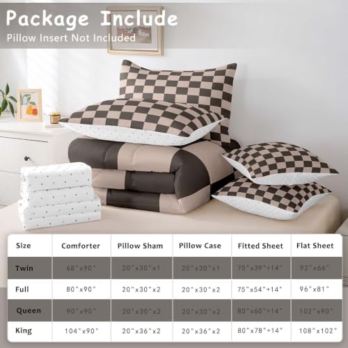 Feelyou Checkered Retro 7 Piece Bedding Set Teen Women Men Gradient Brown Plaid Comforter Set with Sheets Queen Size Kids Boys Geometric Vintage Bed in a Bag Modern Simple Groovy Aesthetic Room Decor