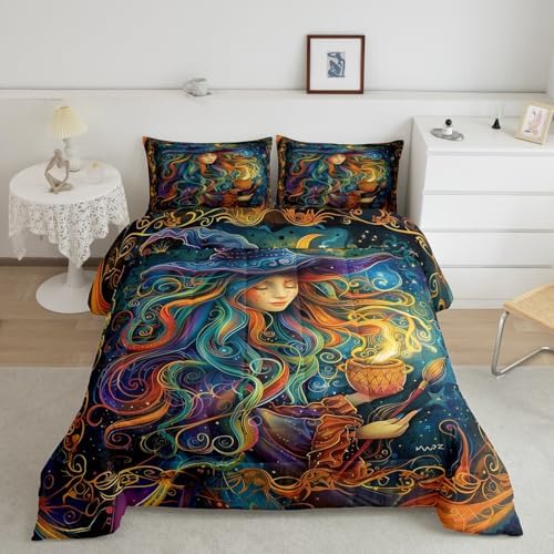 Magical Witch Kids Comforter Set Twin Size,Star Moon Starry Sky Galaxy Trippy Bedding Set,Girls Boys Room Decor,Happy Halloween Gothic Western Quilt Comforter,Colorful Duvet Insert,1 Pillowcase