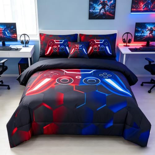 URBONUR Gamer Queen Comforter Set for Teen Boys 6-Piece Kids Bed-in-a-Bag