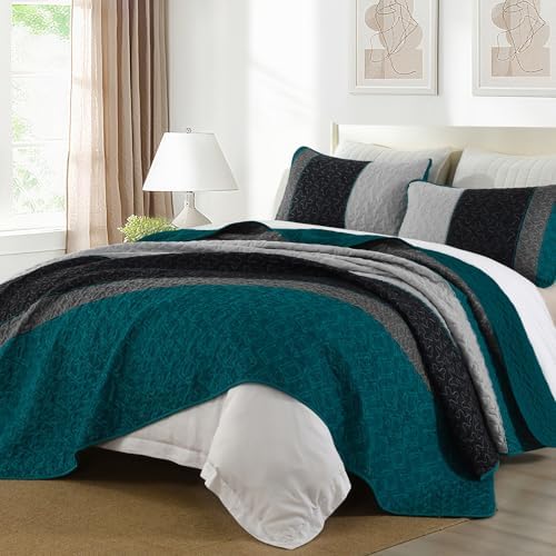 Cottolester Boho Quilt Set Queen,Striped Plaid Bedspreads Set,Peacock Blue