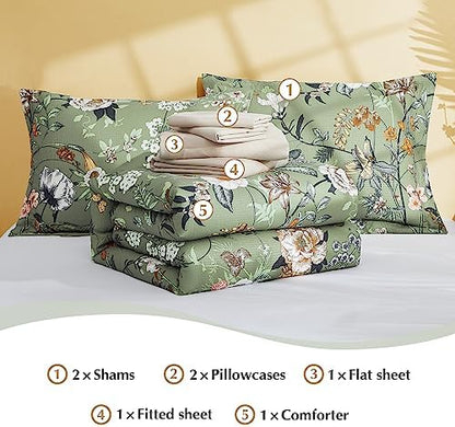Queen Comforter Set - 7 Pieces Soft Floral Bed in a Bag Queen Bedding Sets
