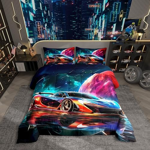 Erosebridal Boys Race Car Full Size Comforter Sets for Kids Boys Girls,Extreme Sports Gaming Bedding Set,Cool Speed Car Duvet Insert,Planet Galaxy Quilt Bedroom Decor