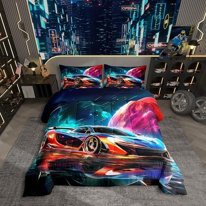 Erosebridal Boys Race Car Comforter King Size for Kids Teens Adults,Extreme Sports Gaming Bedding Set,Cool Speed Car Duvet Insert,Planet Galaxy Quilt Bedroom Decor