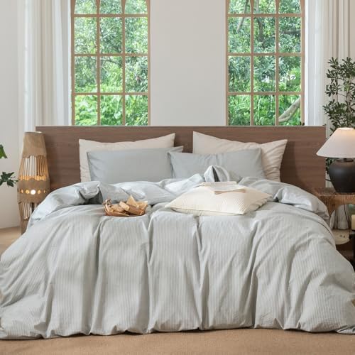 MooMee Striped Duvet Cover Set 100% Washed Cotton Linen Like