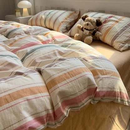 mixinni Vintage Striped Duvet Cover Set Full, 3-Piece 100% Washed Cotton Bedding Set - Soft & Breathable Colorful Comforter Cover with Zipper, All-Season Lightweight Bed Set for Cozy Home