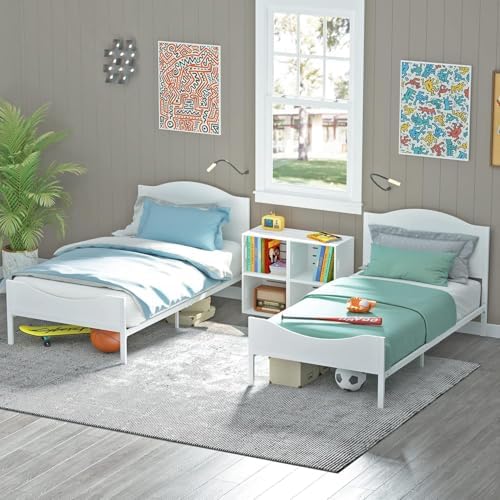 Timy Kids Twin Bed Frame with Wooden Headboard and Footboard Platform Bed