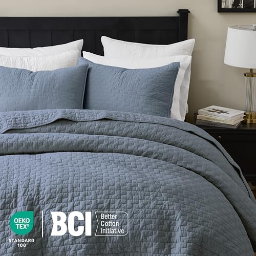 palassio Blue Grey 100% Cotton Quilt King Size Bedding Sets with 2 Pillow Shams, Textured Lightweight Soft Bedspread Shabby Chic Coverlet, Quilted Comforter Bed Cover for All Season, 3 Pieces