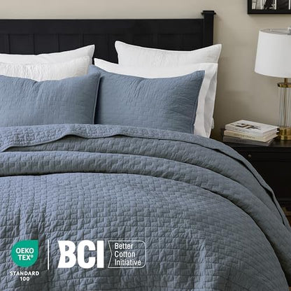 palassio Blue Grey 100% Cotton Quilt King Size Bedding Sets with 2 Pillow Shams, Textured Lightweight Soft Bedspread Shabby Chic Coverlet, Quilted Comforter Bed Cover for All Season, 3 Pieces