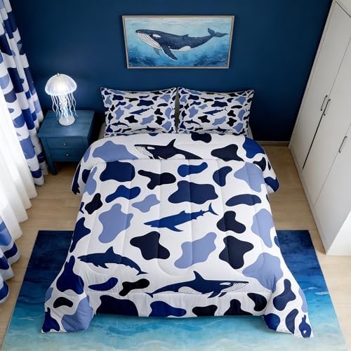 Manfei Sea Animal Camo Comforter Set Toddler Size,Sharks and Whales Camouflage Bedding Set 2pcs,Blue Ocean Camo Down Comforter for All Season,Kids Boys Girls Room Decor,1 Pillowcase,No Sheets