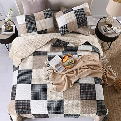 PERHOM Cotton Quilt Queen Size - 100% Cotton Summer Lightweight Bedspread, Brown Real-Patchwork Plaid Queen Quilt Bedding Set, All Season Breathable Coverlet/Comforter Set for Queen Bed, 3-Pieces